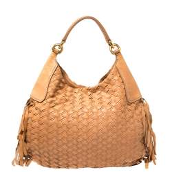 Pre Owned Miu Miu Brown Woven Leather Fringe Hobo