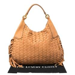 Pre Owned Miu Miu Brown Woven Leather Fringe Hobo