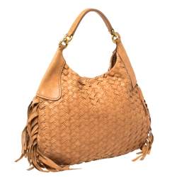 Pre Owned Miu Miu Brown Woven Leather Fringe Hobo