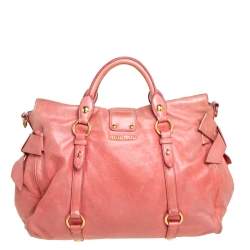 Pre Owned Miu Miu Pink Leather Side Bow Tote