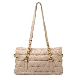 Pre Owned Miu Miu Beige Quilted Leather Studded Flap Shoulder Bag