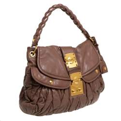 Pre Owned Miu Miu Brown Matelassé Leather Coffer Hobo