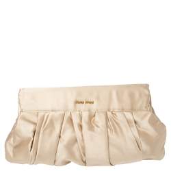 Pre Owned Miu Miu Beige Pleated Satin Flap Clutch