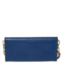 Pre Owned محفظة ميو ميو جلد مادراس أزرق بالشعار قلاب وسلسلة