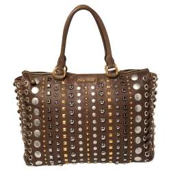 Pre Owned Miu Miu Brown Leather Studded Embellished Monk Tote