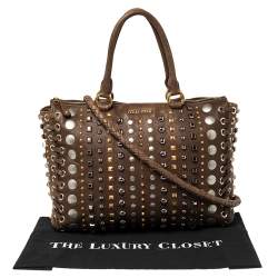 Pre Owned Miu Miu Brown Leather Studded Embellished Monk Tote