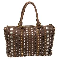 Pre Owned Miu Miu Brown Leather Studded Embellished Monk Tote