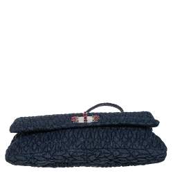 Pre Owned Miu Miu Blue Matelassé Denim and Leather Crystal Shoulder Bag