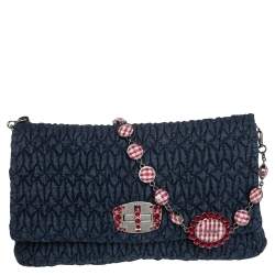 Pre Owned Miu Miu Blue Matelassé Denim and Leather Crystal Shoulder Bag