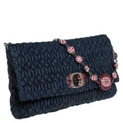 Pre Owned Miu Miu Blue Matelassé Denim and Leather Crystal Shoulder Bag