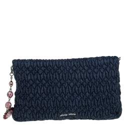 Pre Owned Miu Miu Blue Matelassé Denim and Leather Crystal Shoulder Bag