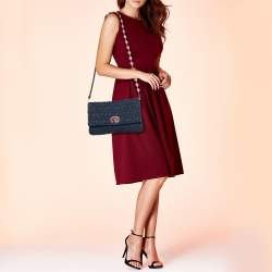 Pre Owned Miu Miu Blue Matelassé Denim and Leather Crystal Shoulder Bag