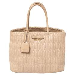Pre Owned Miu Miu Beige Matelassé Leather Bow Tote