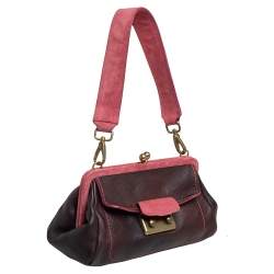 Pre Owned Miu Miu Pink/Brown Leather and Suede Kiss Lock Frame Clutch