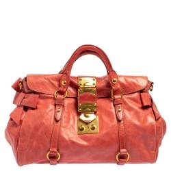Pre Owned Miu Miu Coral Orange Vitello Lux Leather Bow Satchel