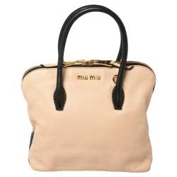 Pre Owned Miu Miu Beige/Black Madras Leather Zip Bauletto Satchel