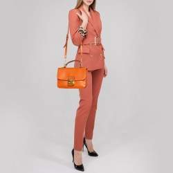 Pre Owned Miu Miu Orange Madras Leather Push Lock Flap Top Handle Bag