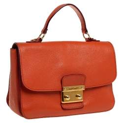 Pre Owned Miu Miu Orange Madras Leather Push Lock Flap Top Handle Bag