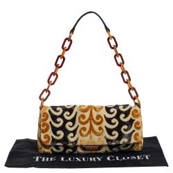 Pre Owned Miu Miu Mustard/Green Velvet and Canvas Flap Tortoise Handle Bag