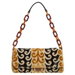 Pre Owned Miu Miu Mustard/Green Velvet and Canvas Flap Tortoise Handle Bag