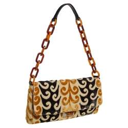 Pre Owned Miu Miu Mustard/Green Velvet and Canvas Flap Tortoise Handle Bag
