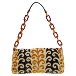 Pre Owned Miu Miu Mustard/Green Velvet and Canvas Flap Tortoise Handle Bag