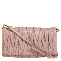 Pre Owned Miu Miu Pink Matelassé Leather Flap Crossbody Bag