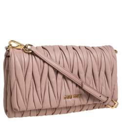 Pre Owned Miu Miu Pink Matelassé Leather Flap Crossbody Bag