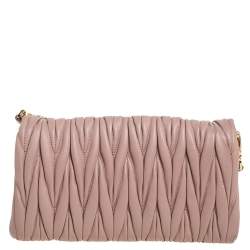 Pre Owned Miu Miu Pink Matelassé Leather Flap Crossbody Bag
