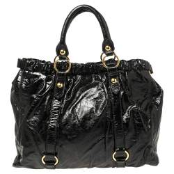 Pre Owned Miu Miu Black Patent Leather Gathered Tote