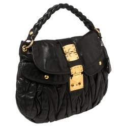 Pre Owned Miu Miu Black Matelassé Leather Coffer Hobo