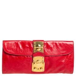 Pre Owned حقيبة كلتش ميو ميو قفل ضا غط جلد أحمر ياقوتي داكن