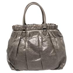 Pre Owned Miu Miu Grey Glaze Leather Gathered Tote