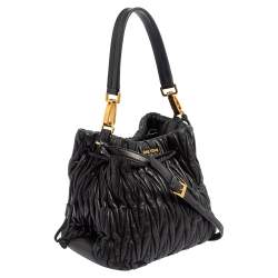 Pre Owned Miu Miu Black Matelassé Leather Drawstring Bucket Bag