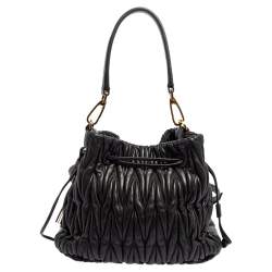 Pre Owned Miu Miu Black Matelassé Leather Drawstring Bucket Bag