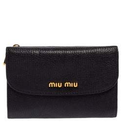 Pre Owned Miu Miu Black Leather Madras Compact Wallet
