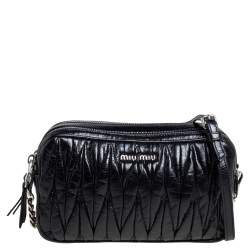 Pre Owned Miu Miu Black Shine Matelasse Leather Double Zip Crossbody Bag