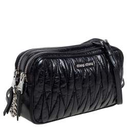 Pre Owned Miu Miu Black Shine Matelasse Leather Double Zip Crossbody Bag