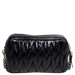 Pre Owned Miu Miu Black Shine Matelasse Leather Double Zip Crossbody Bag