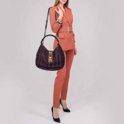 Pre Owned Miu Miu Purple/Dark Plum Woven Leather Push Lock Flap Hobo