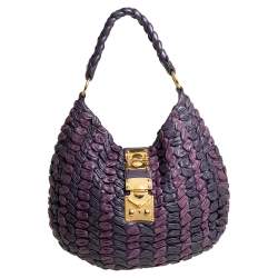 Pre Owned Miu Miu Purple/Dark Plum Woven Leather Push Lock Flap Hobo