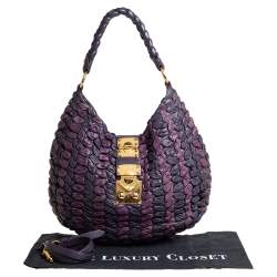 Pre Owned Miu Miu Purple/Dark Plum Woven Leather Push Lock Flap Hobo