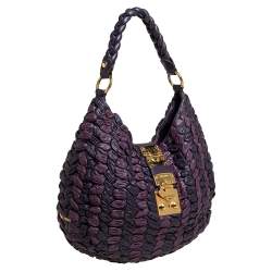Pre Owned Miu Miu Purple/Dark Plum Woven Leather Push Lock Flap Hobo