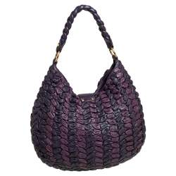 Pre Owned Miu Miu Purple/Dark Plum Woven Leather Push Lock Flap Hobo