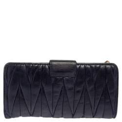 Miu Miu Navy Blue Matelassé Leather Clasp Lock Continental Wallet