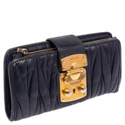 Miu Miu Navy Blue Matelassé Leather Clasp Lock Continental Wallet