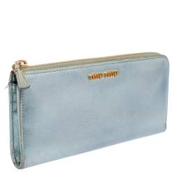 Miu Miu Metallic Blue Leather Zip Around Wallet