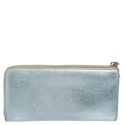 Miu Miu Metallic Blue Leather Zip Around Wallet