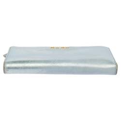 Miu Miu Metallic Blue Leather Zip Around Wallet