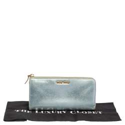 Miu Miu Metallic Blue Leather Zip Around Wallet